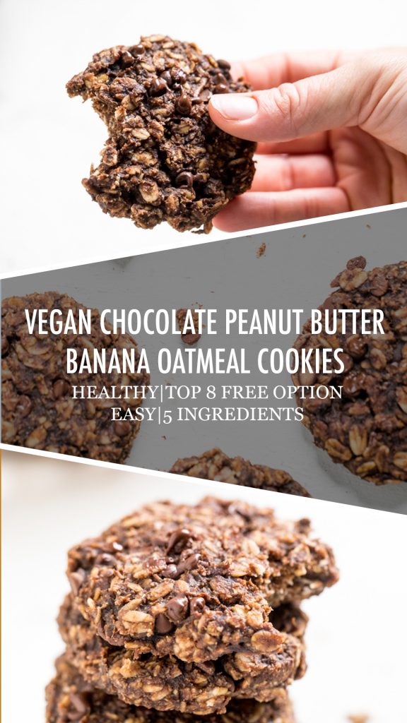 A collage of vegan chocolate peanut butter banana oatmeal cookies.