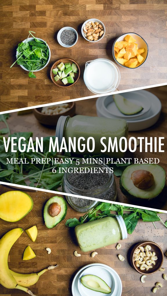 Collage of vegan mango avocado smoothie and ingredients. 