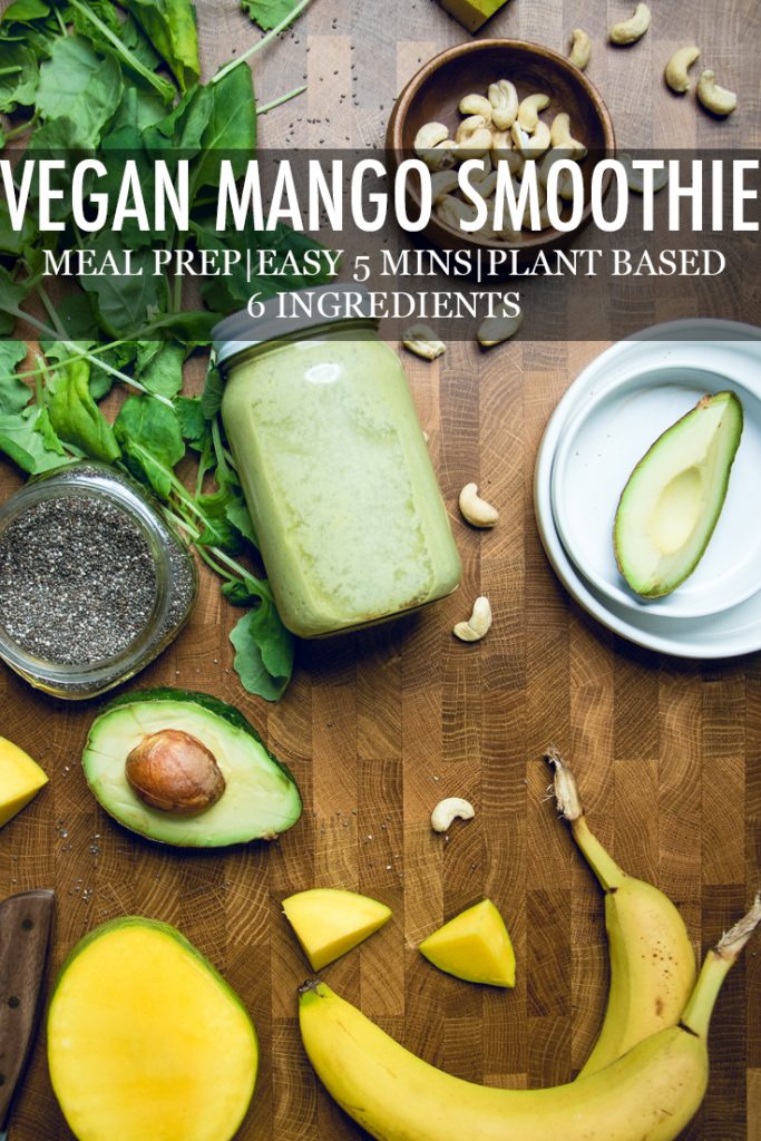The words vegan mango smoothie overlayed across a smoothie.