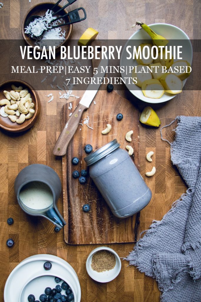 The words vegan blueberry smoothie overlayed onto a smoothie.