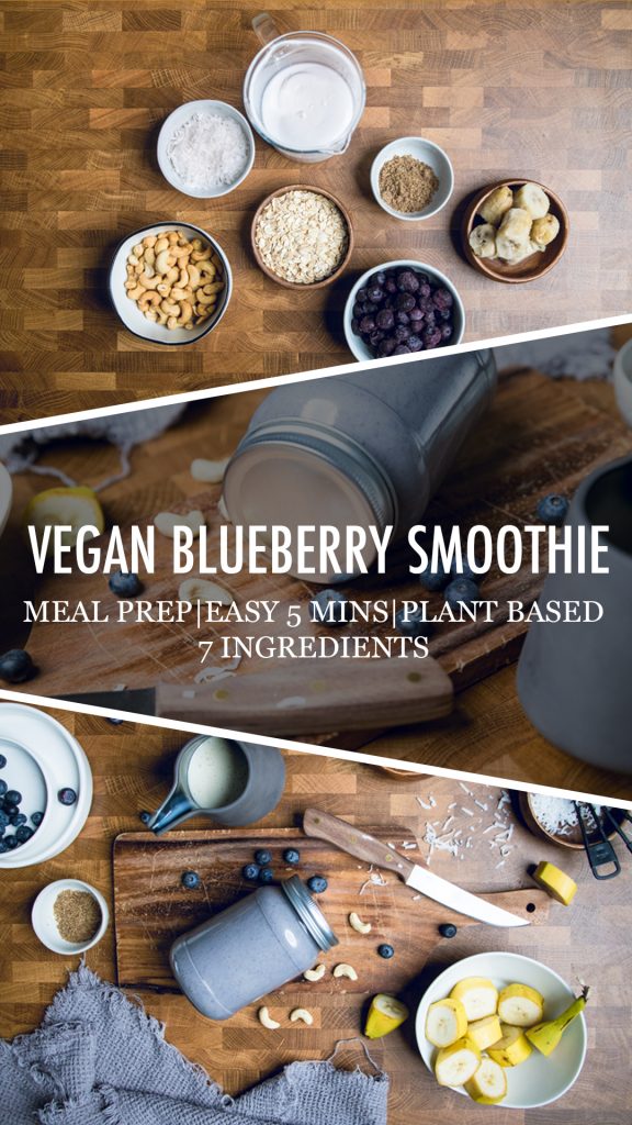 Collage of vegan blueberry coconut smoothies and ingredients.