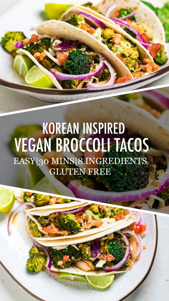 A collage of Korean inspired vegan broccoli tacos.