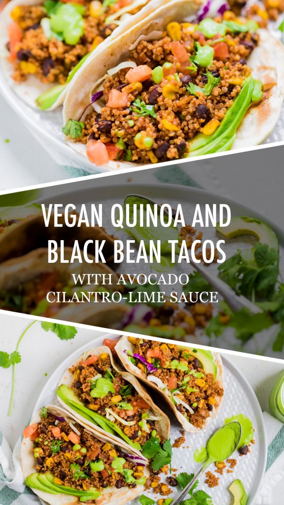 Collage of Vegan quinoa and black bean tacos.