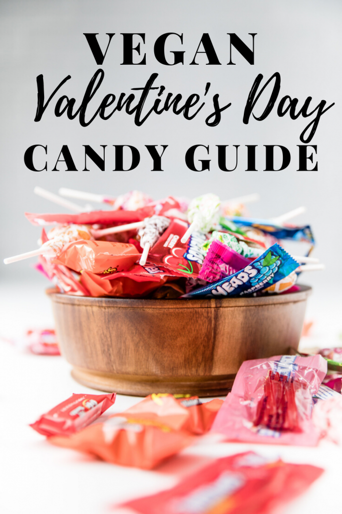 A bowl of candy with the words Vegan Valentine Candy Guide overlayed.
