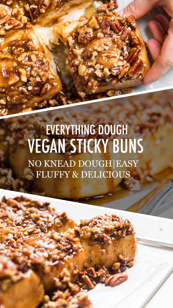 Collage of sticky buns with words Everything dough vegan sticky buns overlayed.