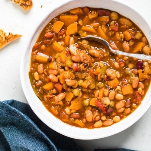 A bowl of instant pot vegan bean soup.