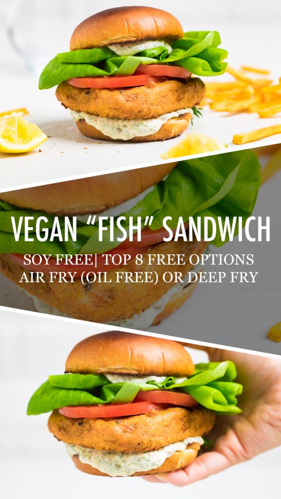 A collage of vegan fish sandwiches with vegan tartar sauce.