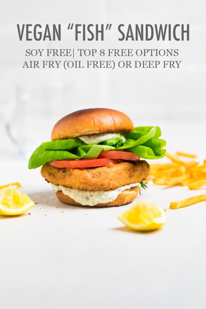 The words vegan fish sandwich overlayed onto a sandwich.