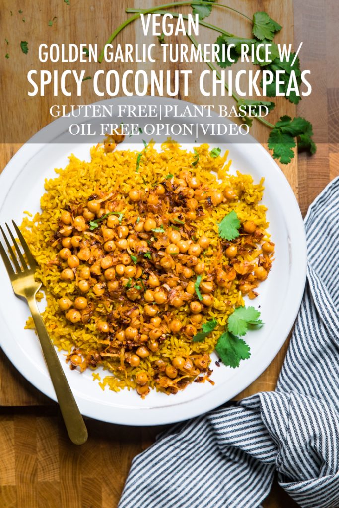 The words spicy coconut chickpeas overlayed onto a plate of food.