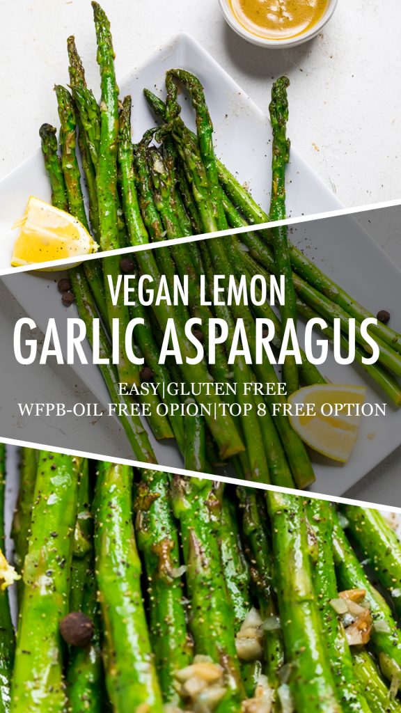 A collage of vegan lemon garlic asparagus.