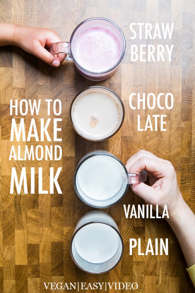 A variety of almond milk flavors labeled with words how to make almond milk overlayed.