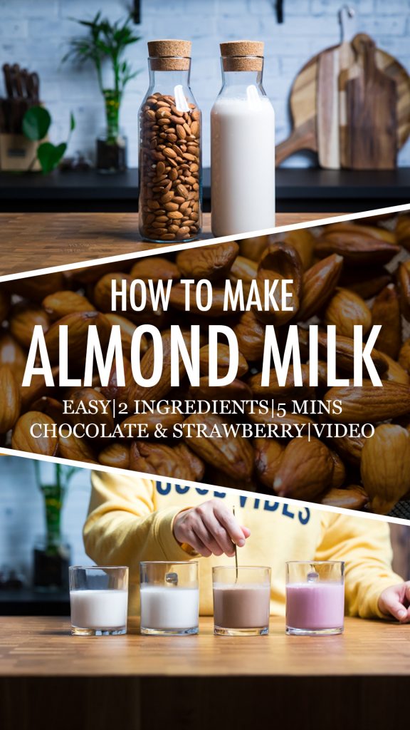 A collage of almond milk with the words How to make almond milk overlayed.