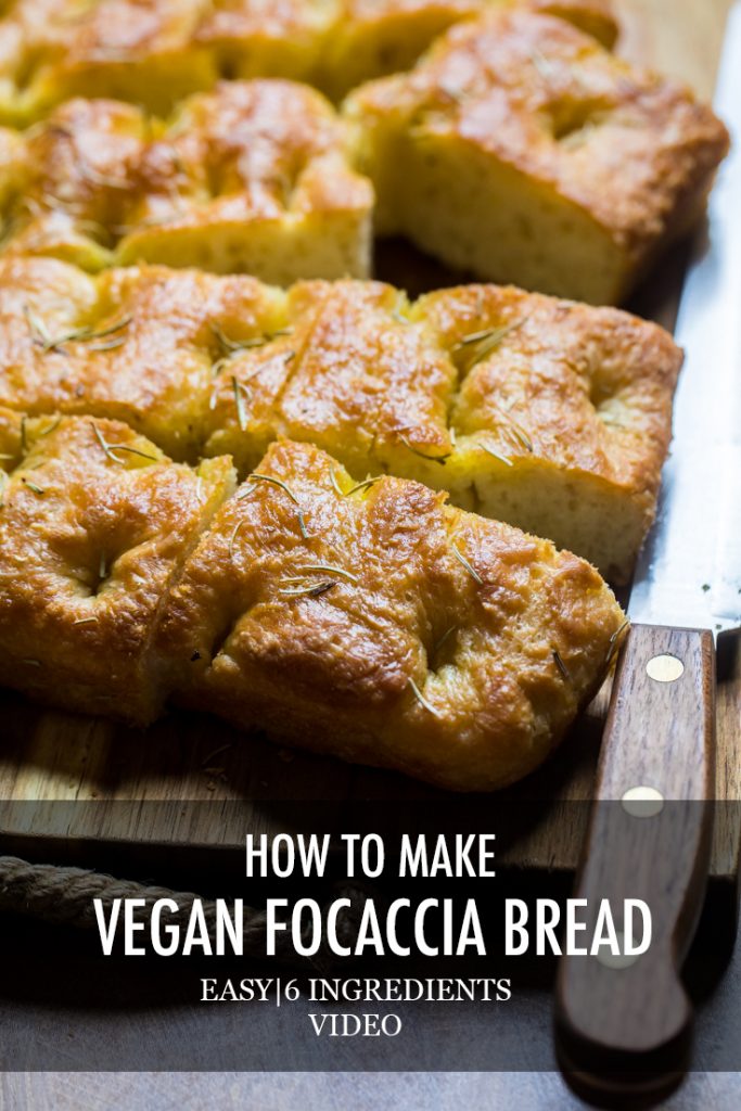 The words How to make vegan focaccia bread overlayed onto a board of bread.