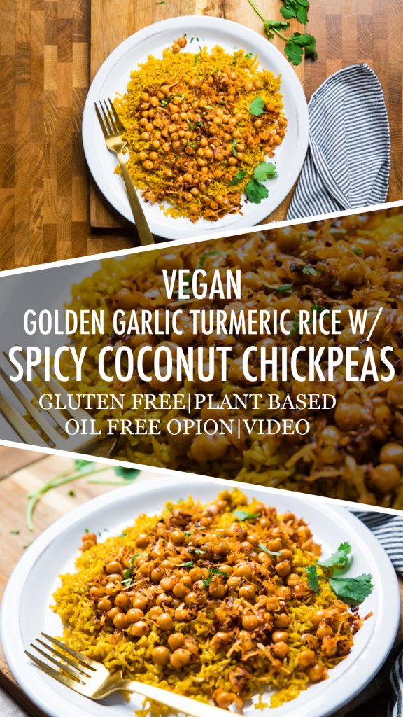 A collage of Vegan golden garlic turmeric rice with spicy coconut chickpeas.