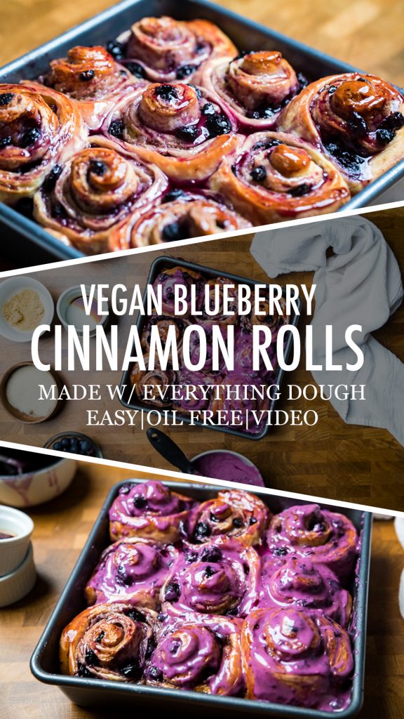 A collage of vegan blueberry cinnamon rolls.