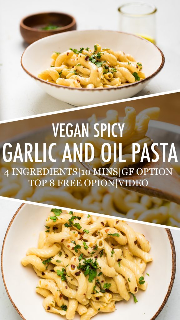 A collage of Vegan spicy garlic and oil pasta.