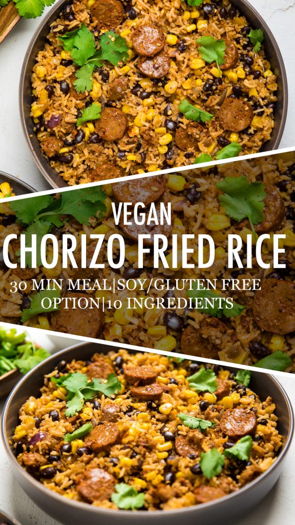 A collage of vegan chorizo fried rice.