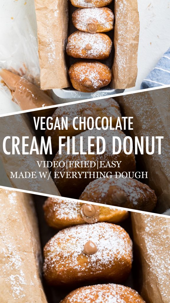 Collage of chocolate cream filled vegan donuts.