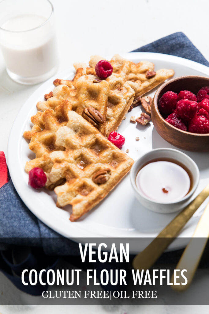 A plate of vegan coconut flour waffles with recipe name overlayed.