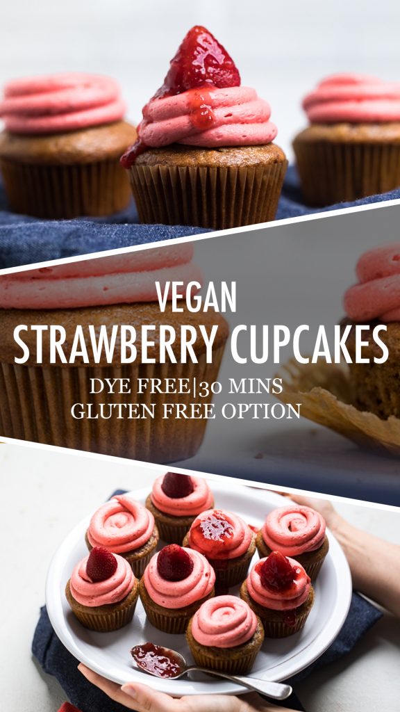 Collage of Vegan strawberry cupcakes.
