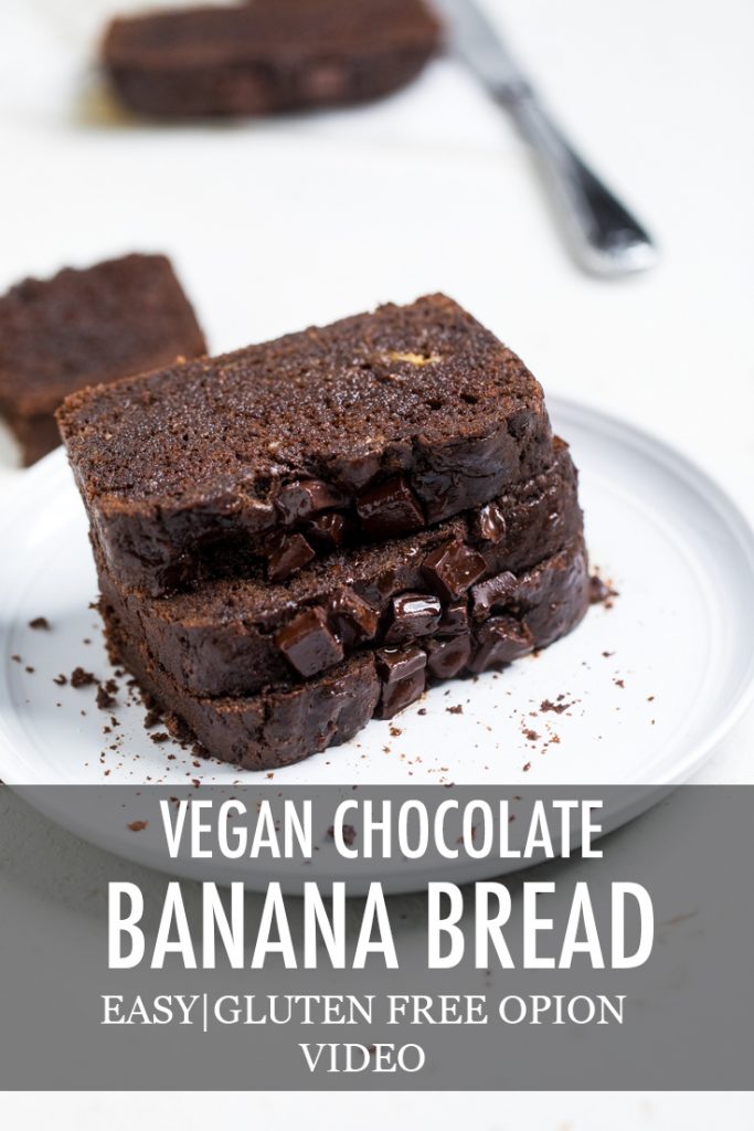 The words vegan chocolate banana bread overlayed onto a plate of slices of bread.