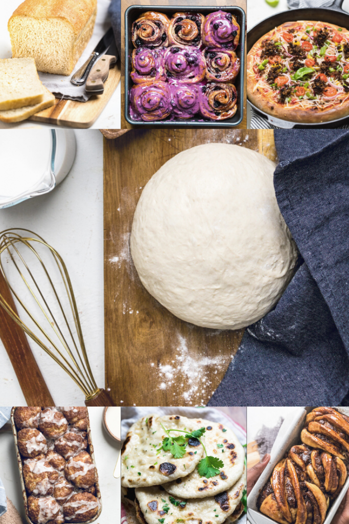 Collage of 7 photos showing ways to use vegan everything dough. Loaf of bread, blueberry cinnamon rolls, skillet pizza, everything dough uncooked, monkey bread, naan, and babka.