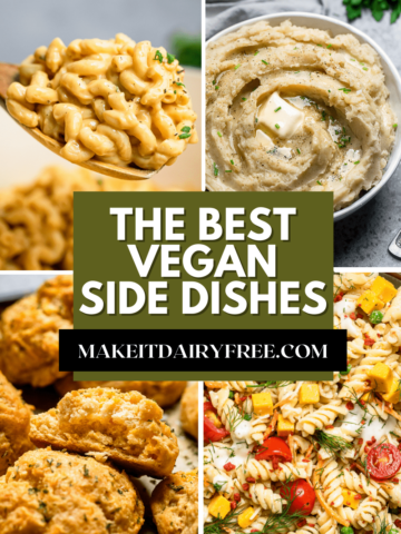The words the best vegan side dishes overlayed onto four side dishes.