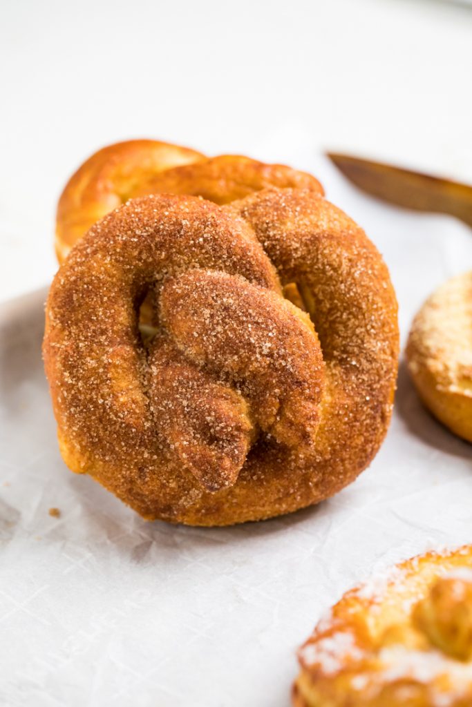 A vegan cinnamon sugar soft pretzel.