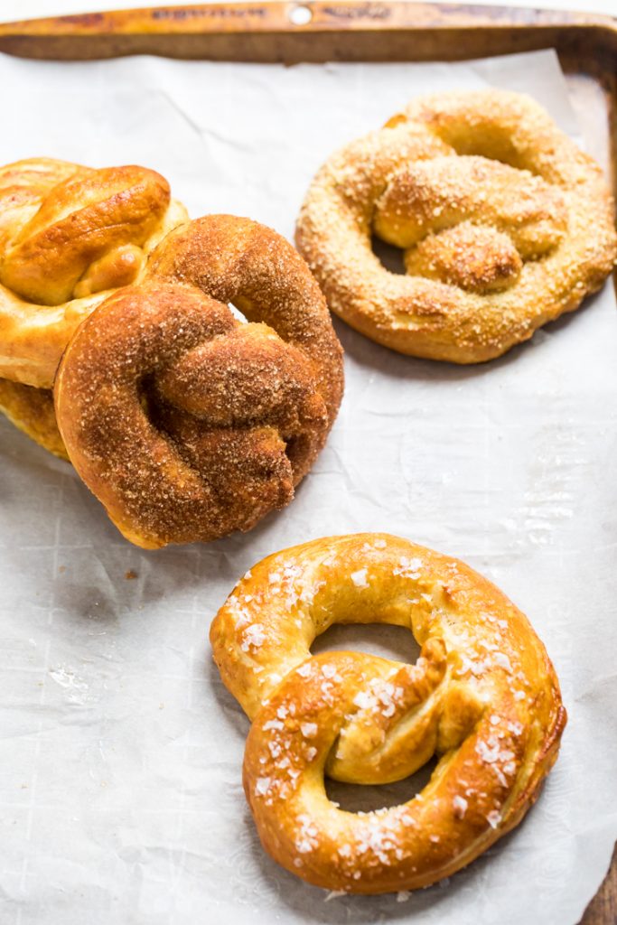 An assortment of vegan soft pretzels.