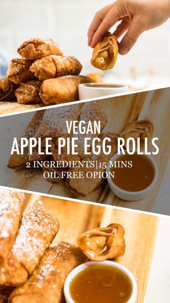 Collage of 2 ingredient vegan apple pie egg rolls.
