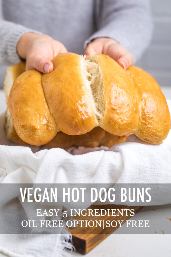 hands holding 4 vegan hot dog buns separating them in the middle with title text at the bottom of the photo