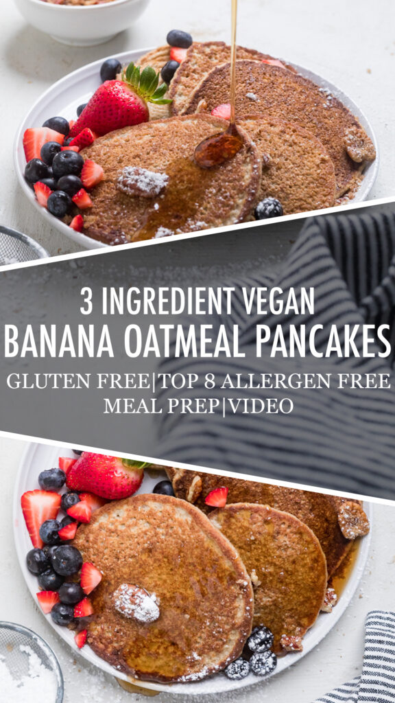 Collage of Three ingredient vegan banana oatmeal pancakes.