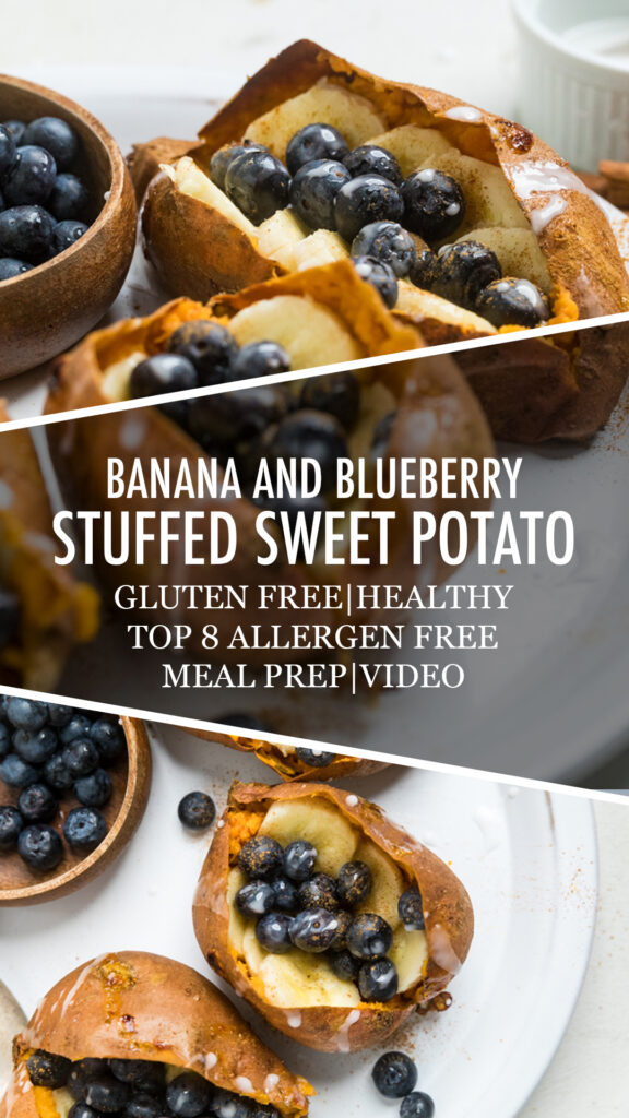 Collage of Banana and Blueberry Stuffed Sweet Potatoes.
