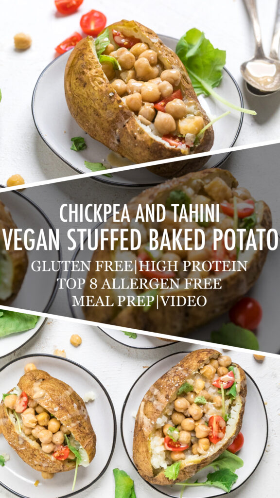 Collage of Chickpea and Tahini vegan stuffed baked potatoes.