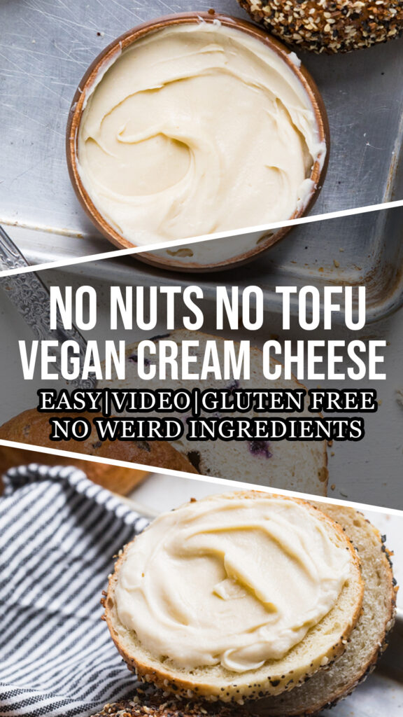 Collage of nut free soy free vegan cream cheese.