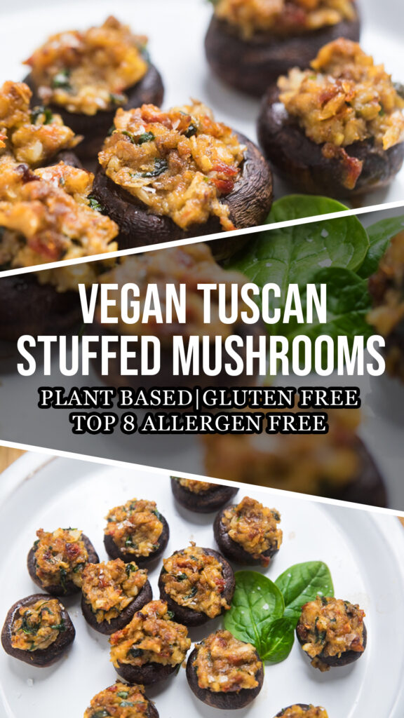 A collage of vegan Tuscan stuffed mushrooms.
