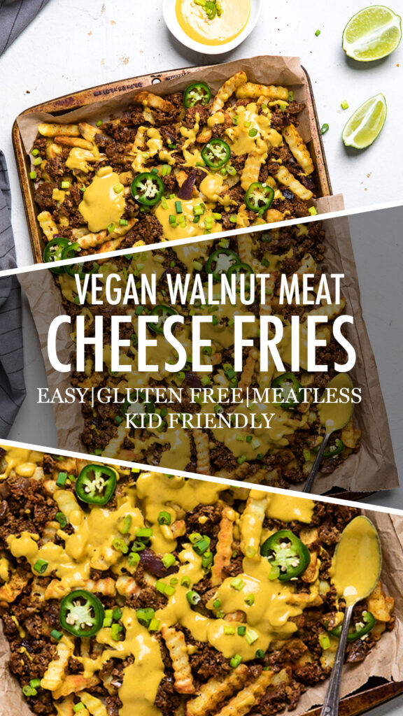 A collage of vegan walnut meat cheese fries.
