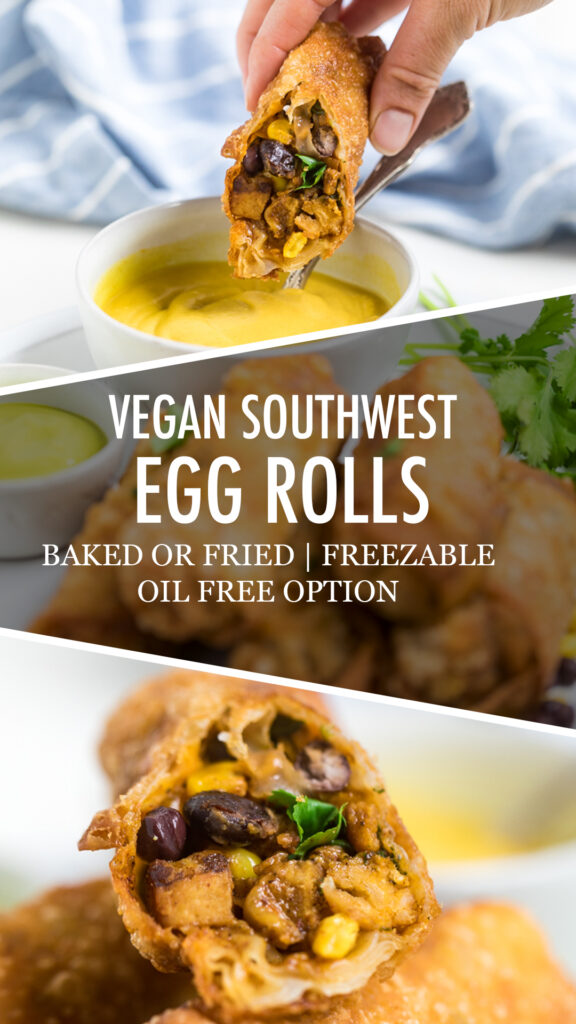 A collage of vegan southwest egg rolls.