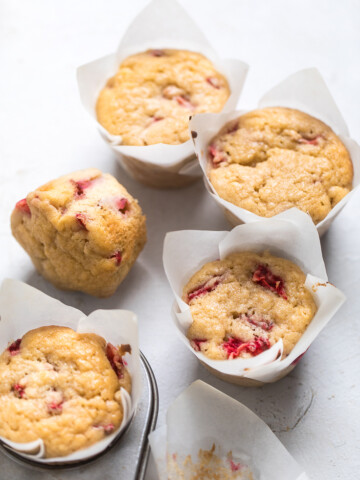 A batch of vegan strawberry muffins.
