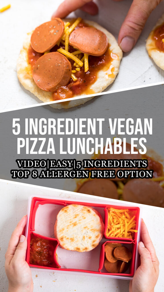 A collage of 5 ingredient vegan pizza lunchables.