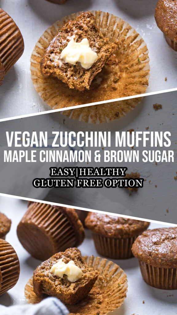 A collage of Vegan zucchini muffins maple cinnamon & brown sugar.