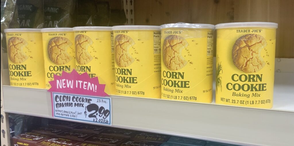 A shelf of corn cookie baking mix from Trader joes.