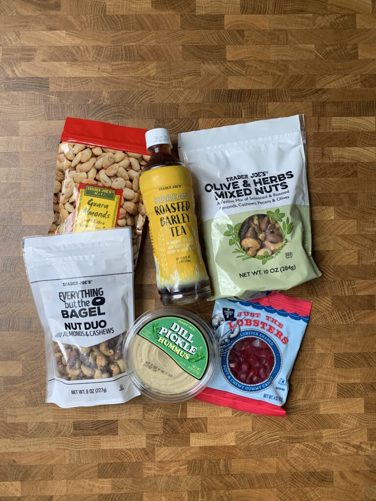 A variety of snack items that are vegan at Trader Joes.