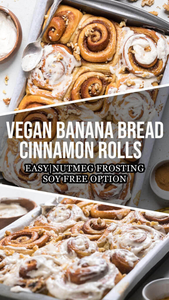 Collage of vegan banana bread cinnamon rolls.