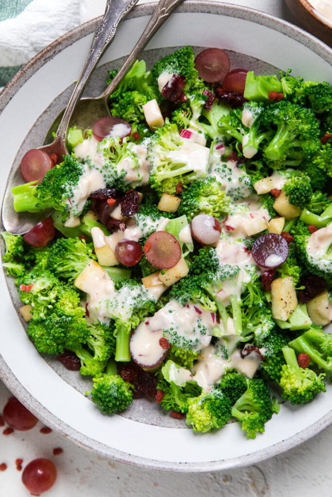 Easy vegan broccoli salad in a bowl. 