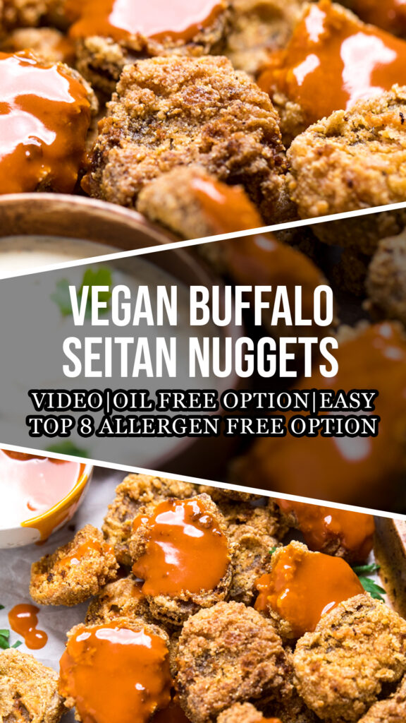 A collage of Vegan buffalo seitan nuggets.
