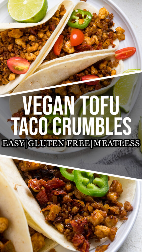 A collage of Vegan Tofu Taco Crumbles in tacos.