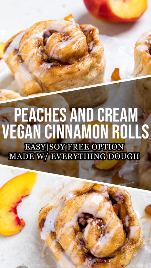 Collage of Peaches and cream vegan cinnamon rolls.