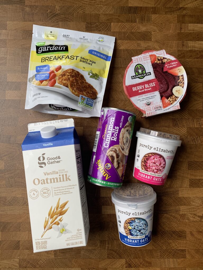 An assortment of vegan breakfast foods found at Target on a table.