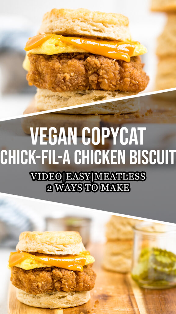 Collage of copycat Chick-fil-a Vegan Chicken biscuits.